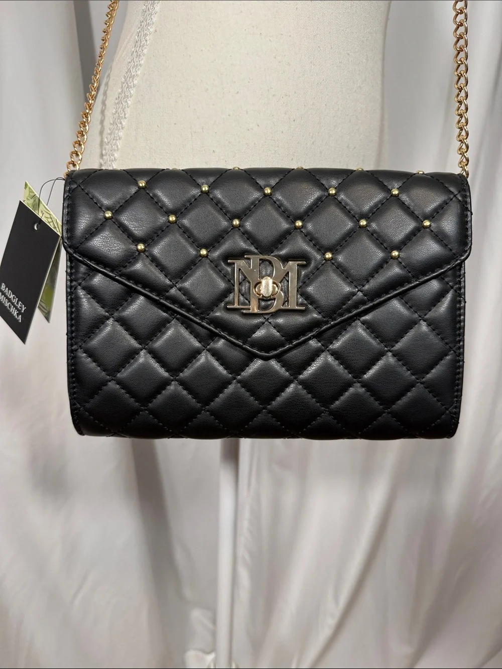Badgley Mischka Black Quilted Crossbody with Gold Chain